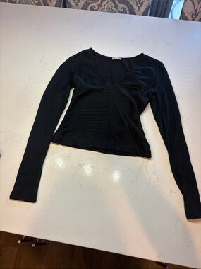 Free People Black Ribbed Long-Sleeve V-Neck Top